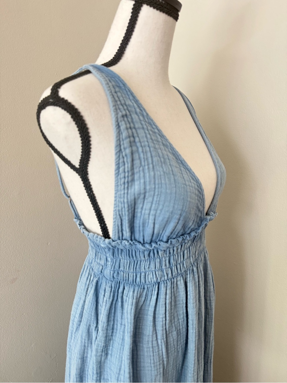 O'Neill Blue Cotton Gauze Midi Dress Size Small | Deep V Boho Beachy Sundress - Picture 2 of 10